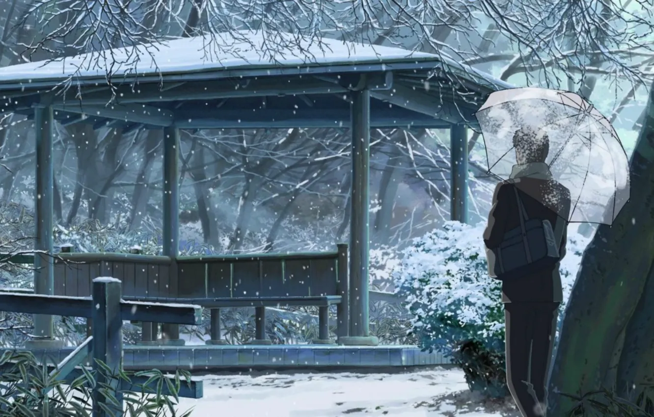 Фото обои снег, деревья, парк, зонт, парень, сумка, беседка, Kotonoha no Niwa