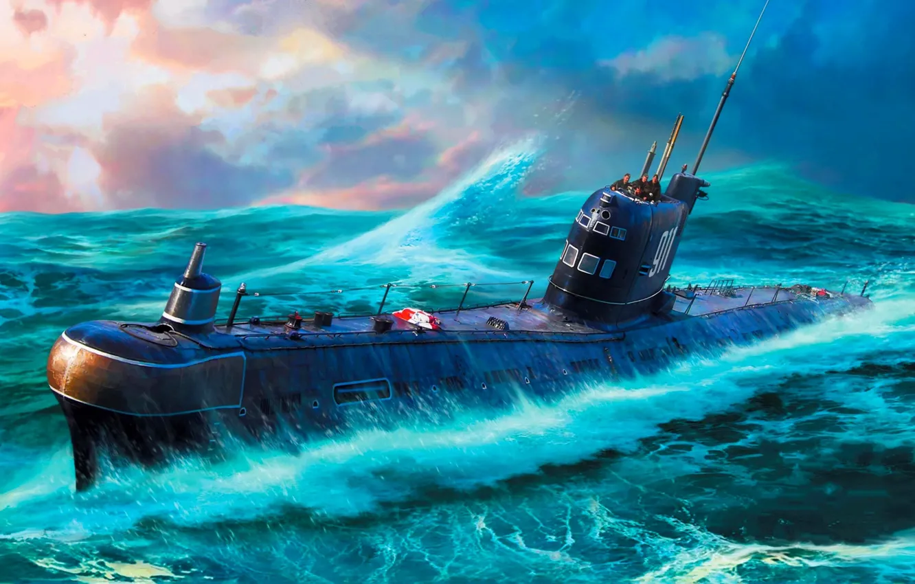 Фото обои Волны, СССР, подводная лодка, ВМФ СССР, Дизель-электрическая, проекта 641, Б-36