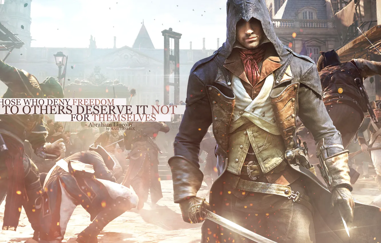 Фото обои wallpaper, black, flag, creed, assassins, unity, ezio, auditore