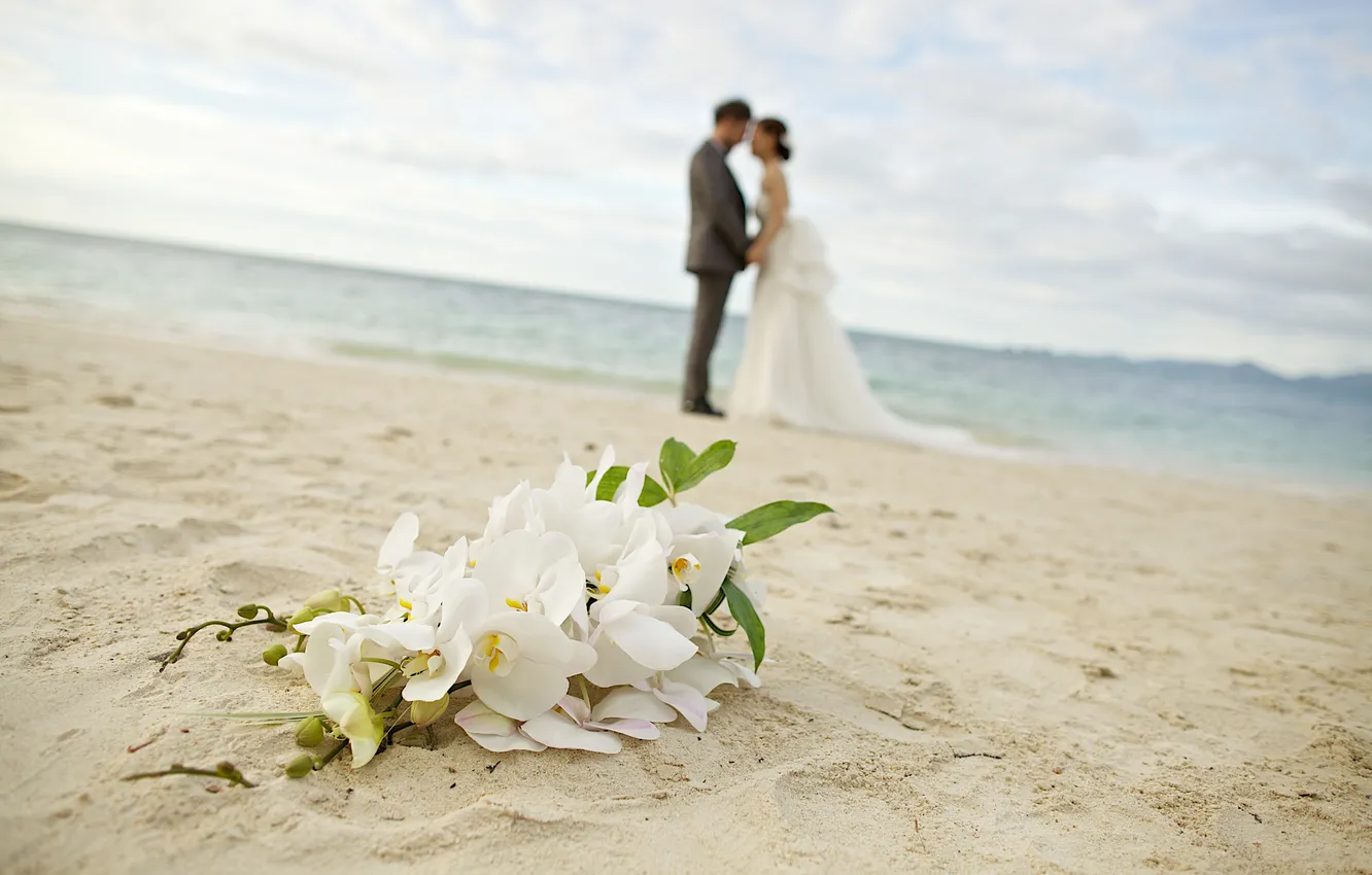 Фото обои песок, море, цветы, природа, тропики, побережье, букет, пара