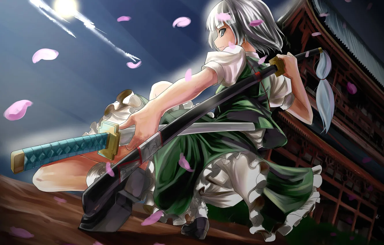 Фото обои оружие, катана, лепестки, арт, храм, touhou, konpaku youmu, lvcong