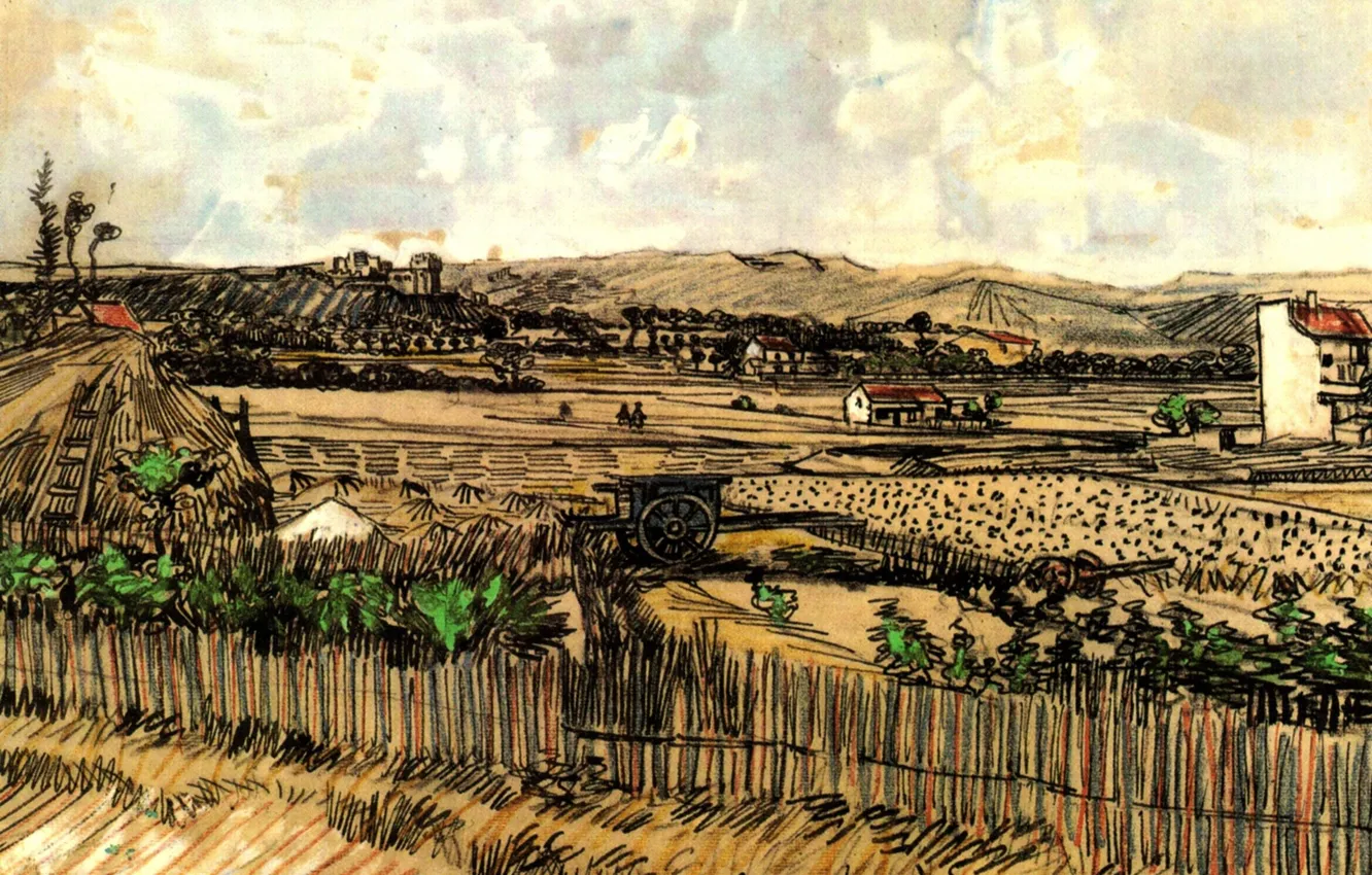 Фото обои забор, Vincent van Gogh, at the Left Montmajour, Harvest in Provence