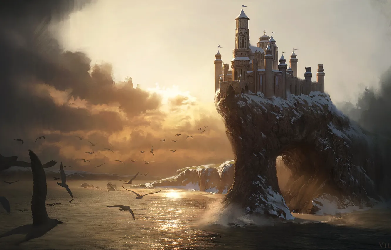 Фото обои Скала, Птицы, Утес, Fantasy, Чайки, Rock, Побережье, Арт