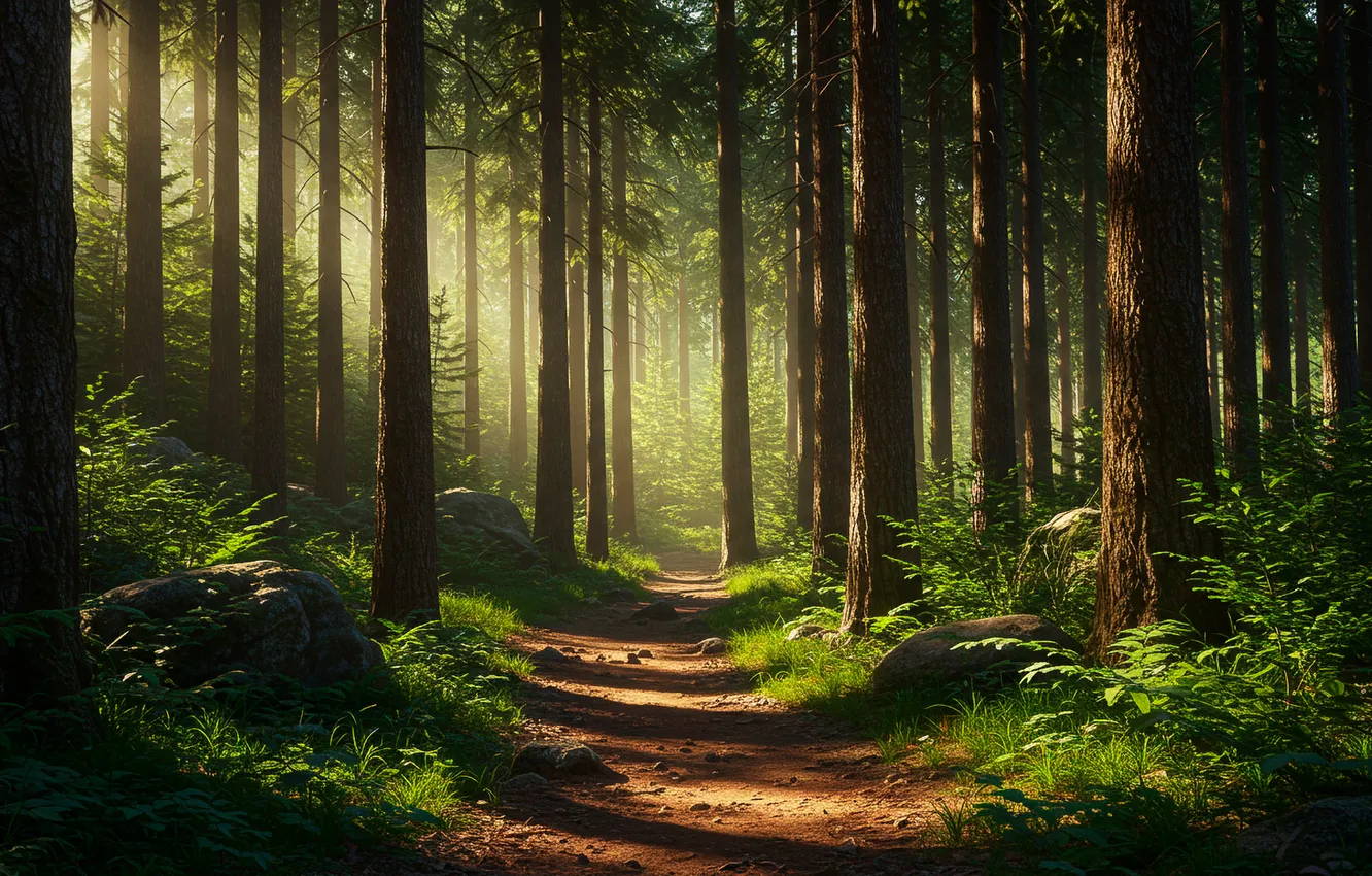 Фото обои forest, sunbeam, деревья, path, тропинка, wallpaper, дымка, trees