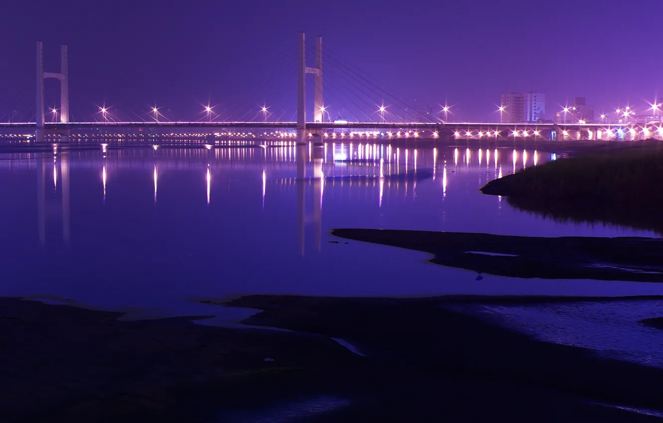 Фото обои Огни, Мост, Ночь, Китай, Тайвань, ChongYang