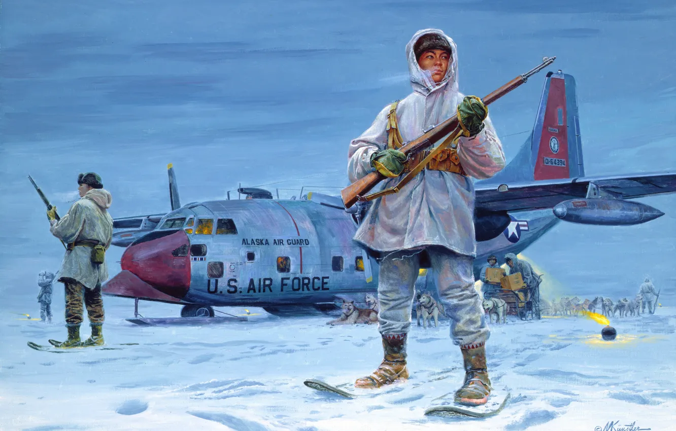 Фото обои собаки, снег, самолет, рисунок, аляска, Mort Kunstler, эскимосы, стражи севера