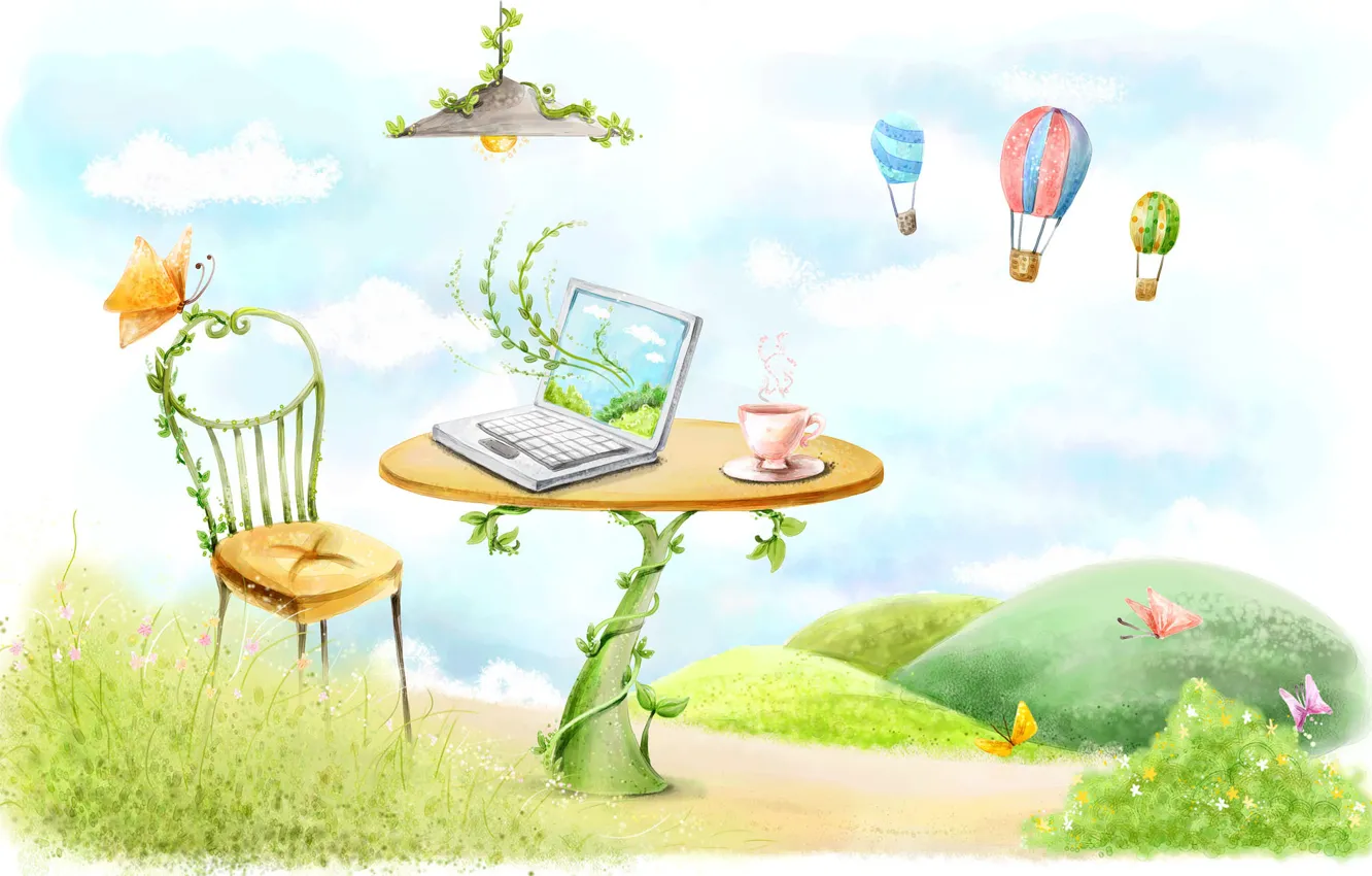 Фото обои бабочки, воздушные шары, стол, рисунок, лампа, стул, кружка, ноутбук