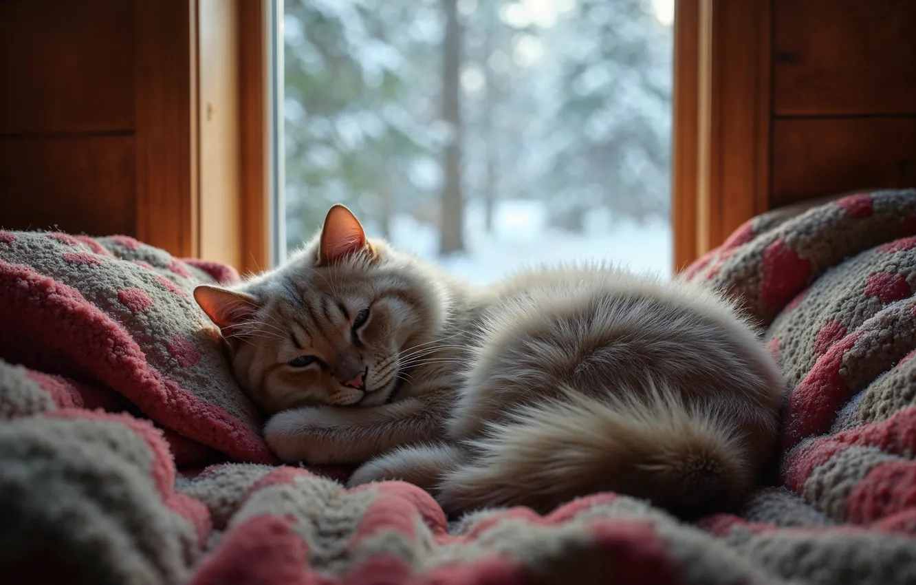 Фото обои зима, кошка, снег, уют, окно, плед, cat, winter