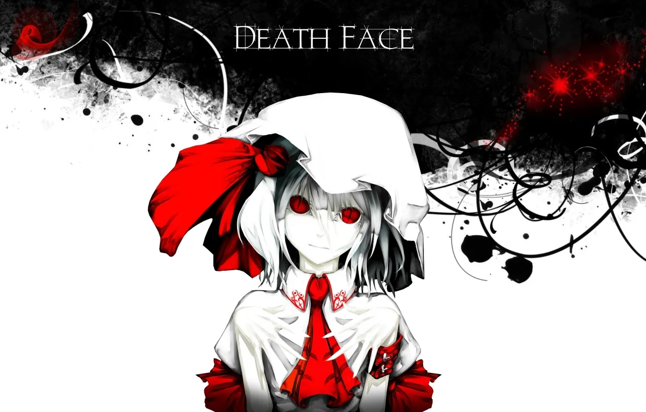 Фото обои девушка, аниме, платье, красные глаза, чепчик, touhou, короткие волосы, смотрит на зрителя