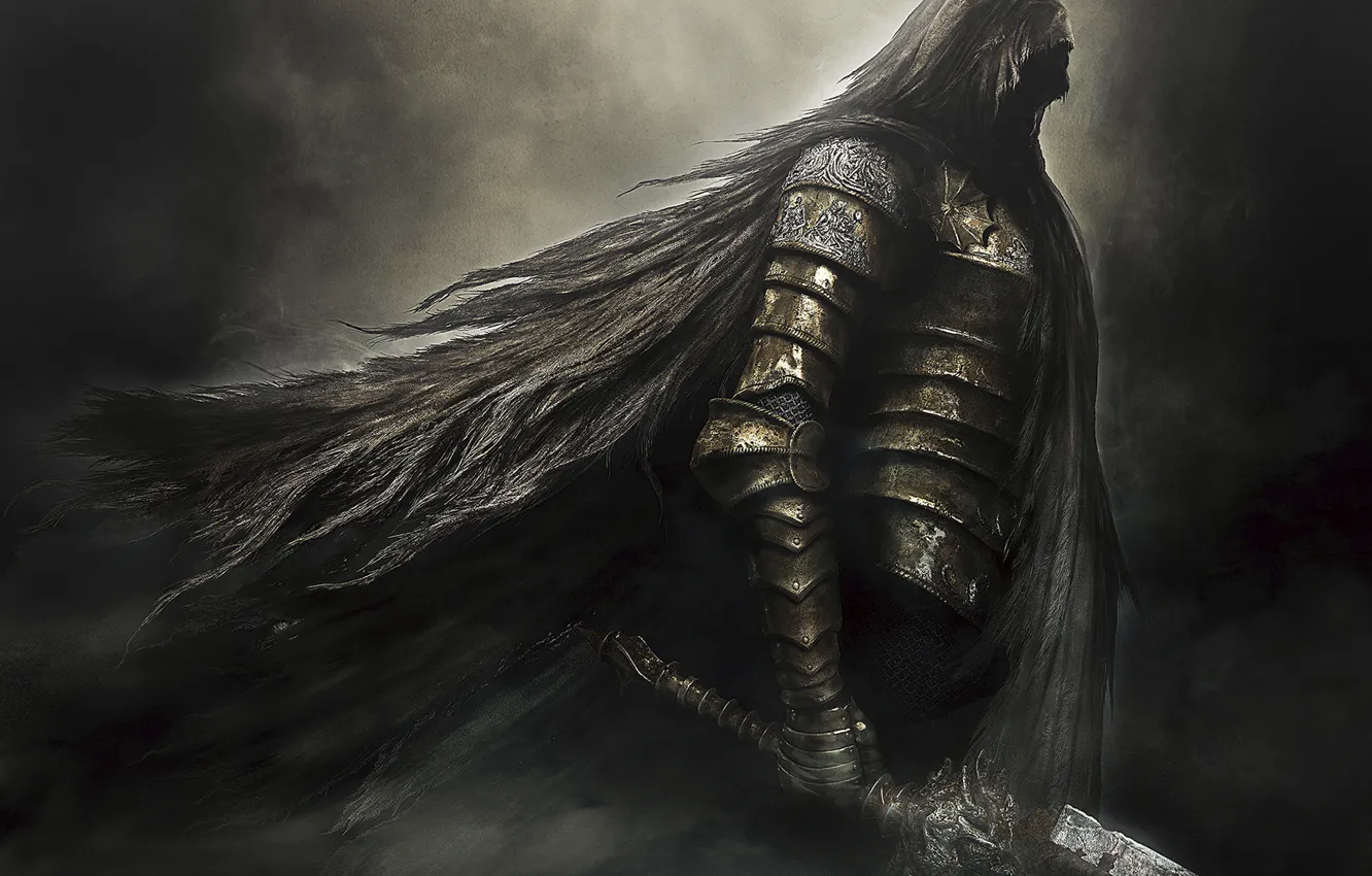 Фото обои темнота, меч, доспехи, капюшон, броня, рыцарь, Namco Bandai Games, Dark Souls 2