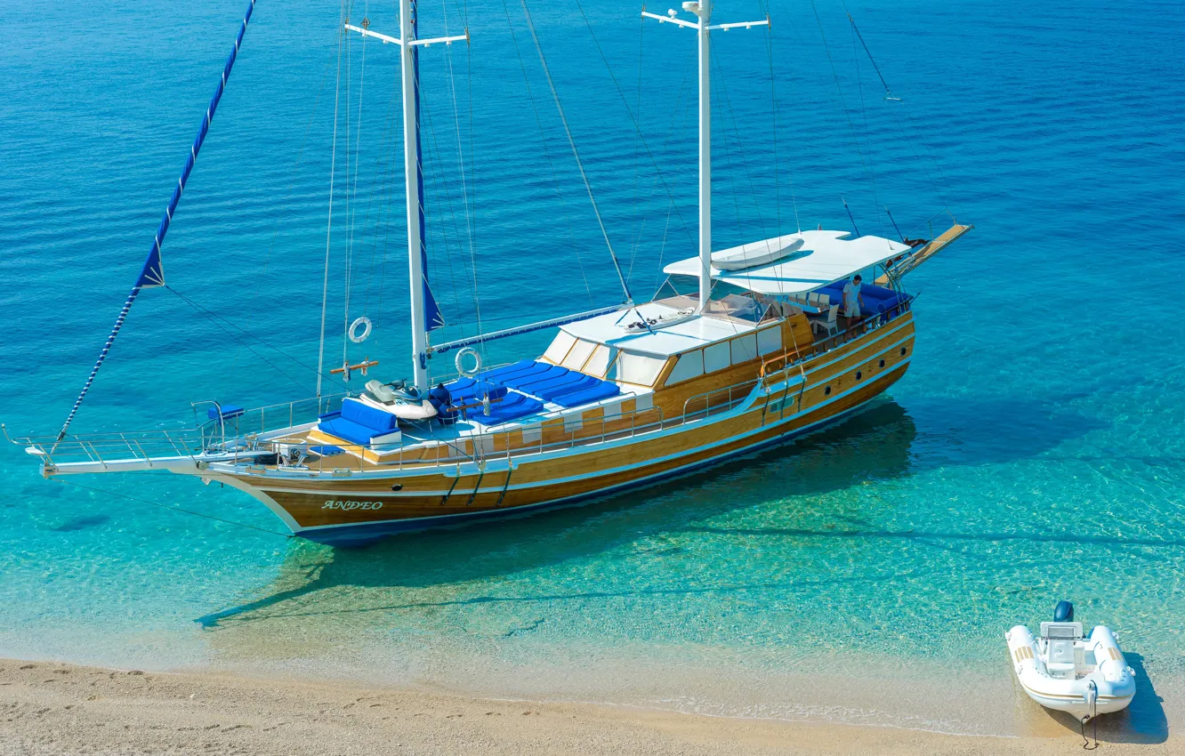 Фото обои море, берег, корабль, парусник, яхта, Croatia, мачты, на якоре