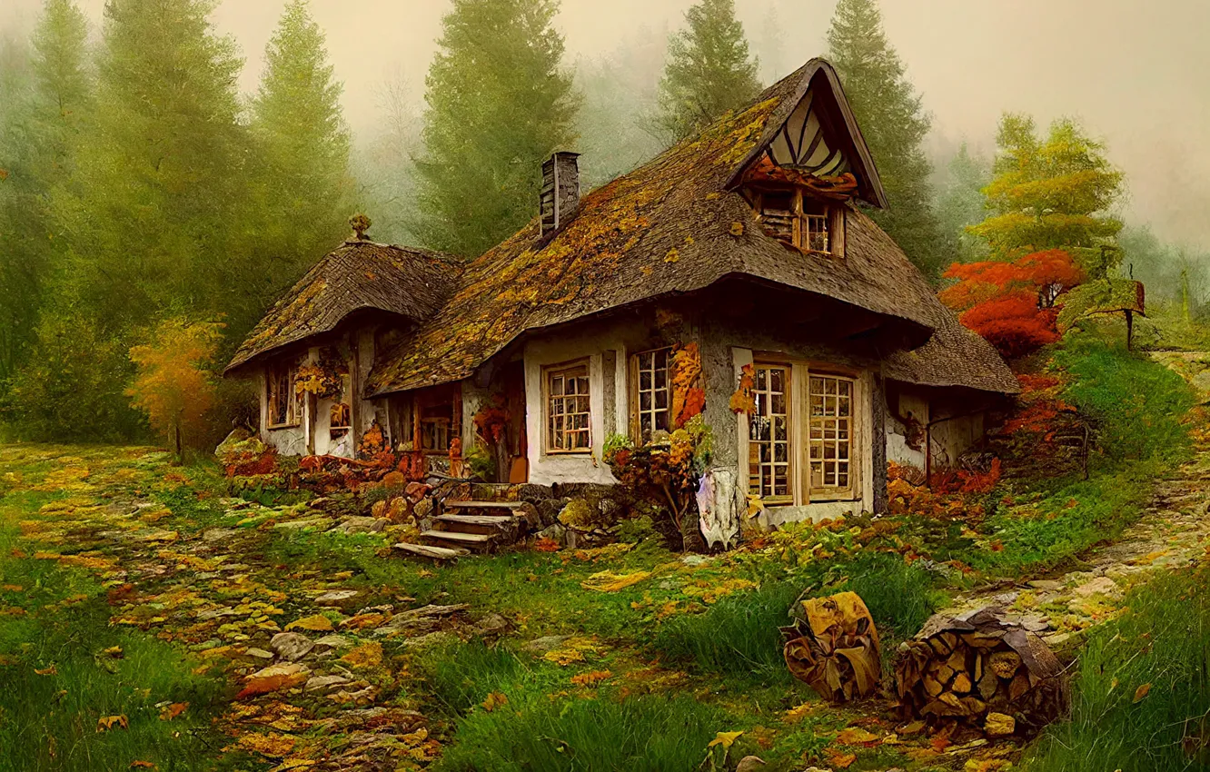 Фото обои крыша, осень, лес, трава, деревья, уют, камни, поляна