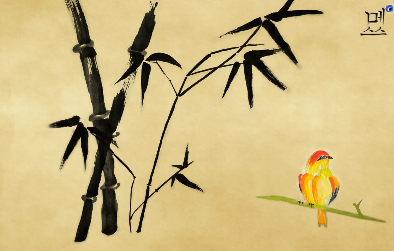 Фото обои рисунок, бамбук, птичка, иероглиф