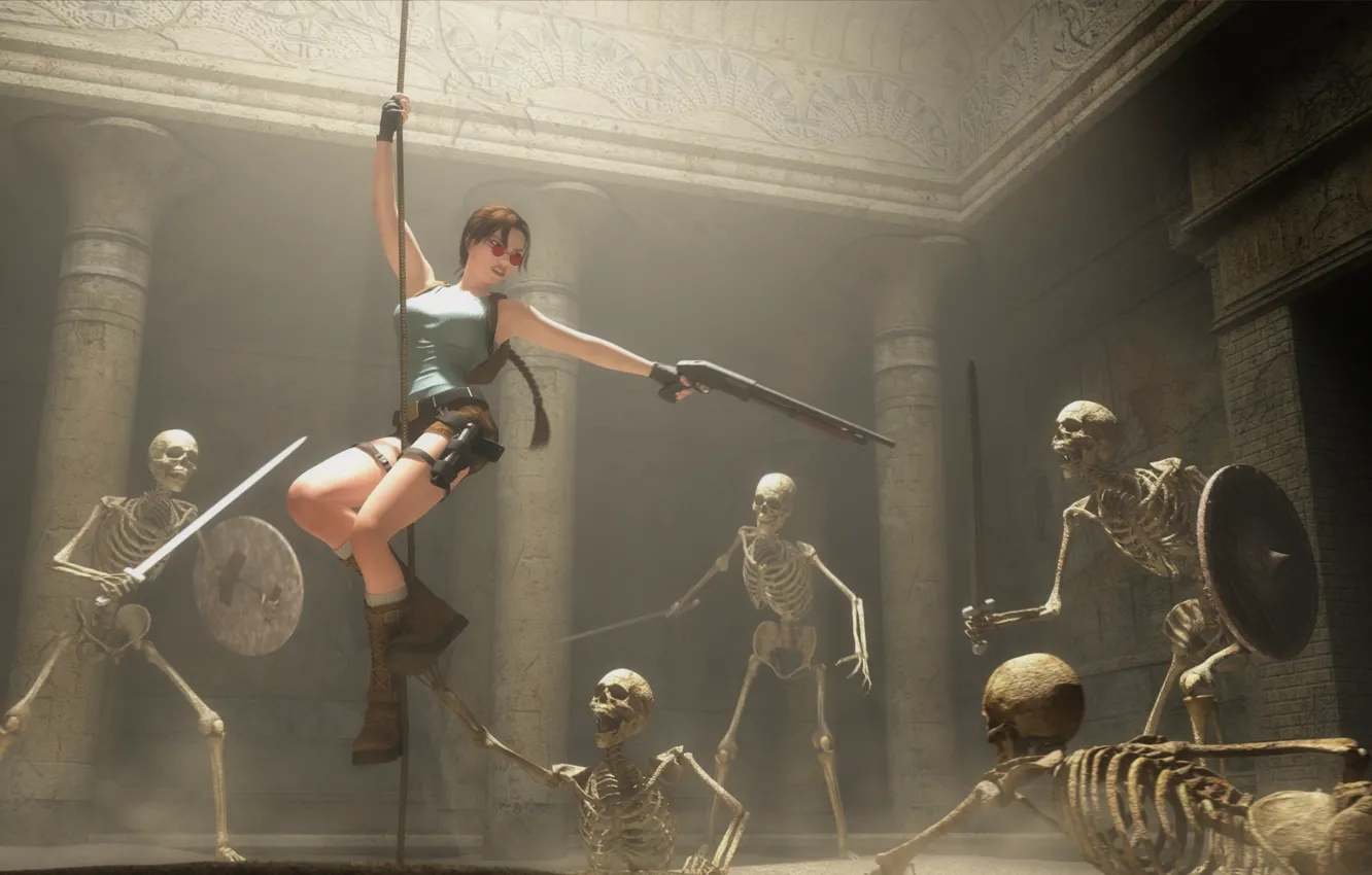 Фото обои меч, веревка, скелет, Tomb Raider, sword, щит, art, Lara Croft