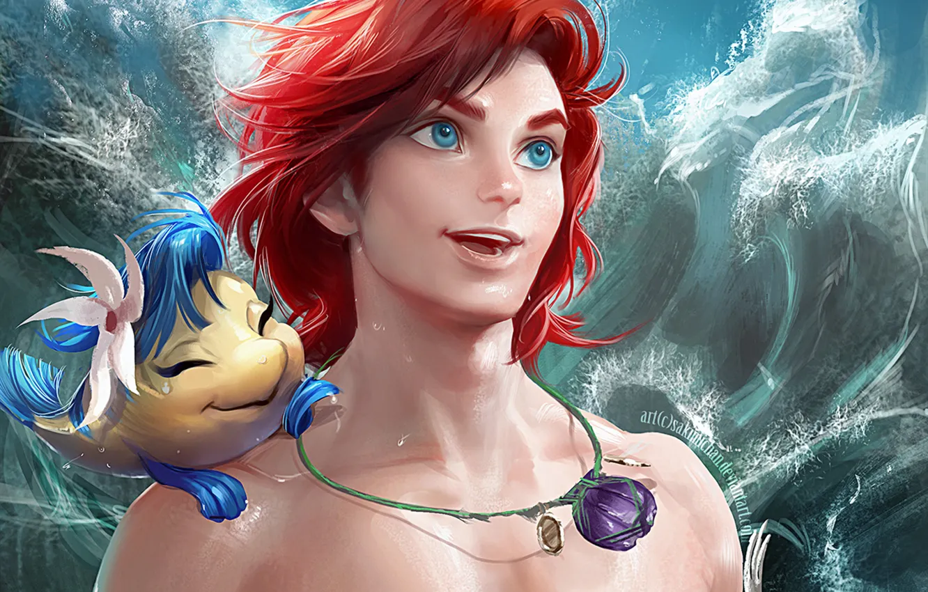 Фото обои волны, мальчик, Ариэль, Русалочка, The Little Mermaid, рыбка Флаундер