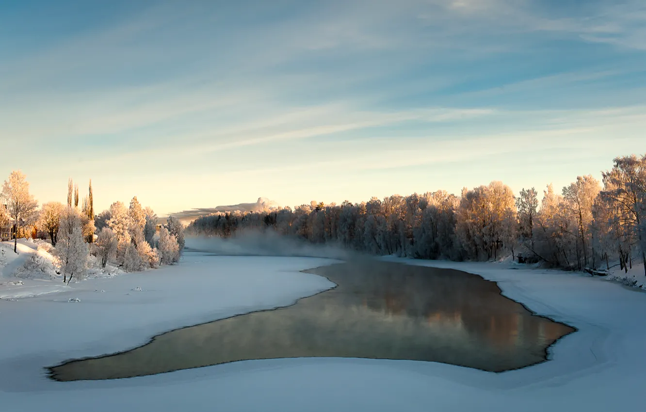 Фото обои лед, зима, вода, снег, деревья, туман, река, дымка