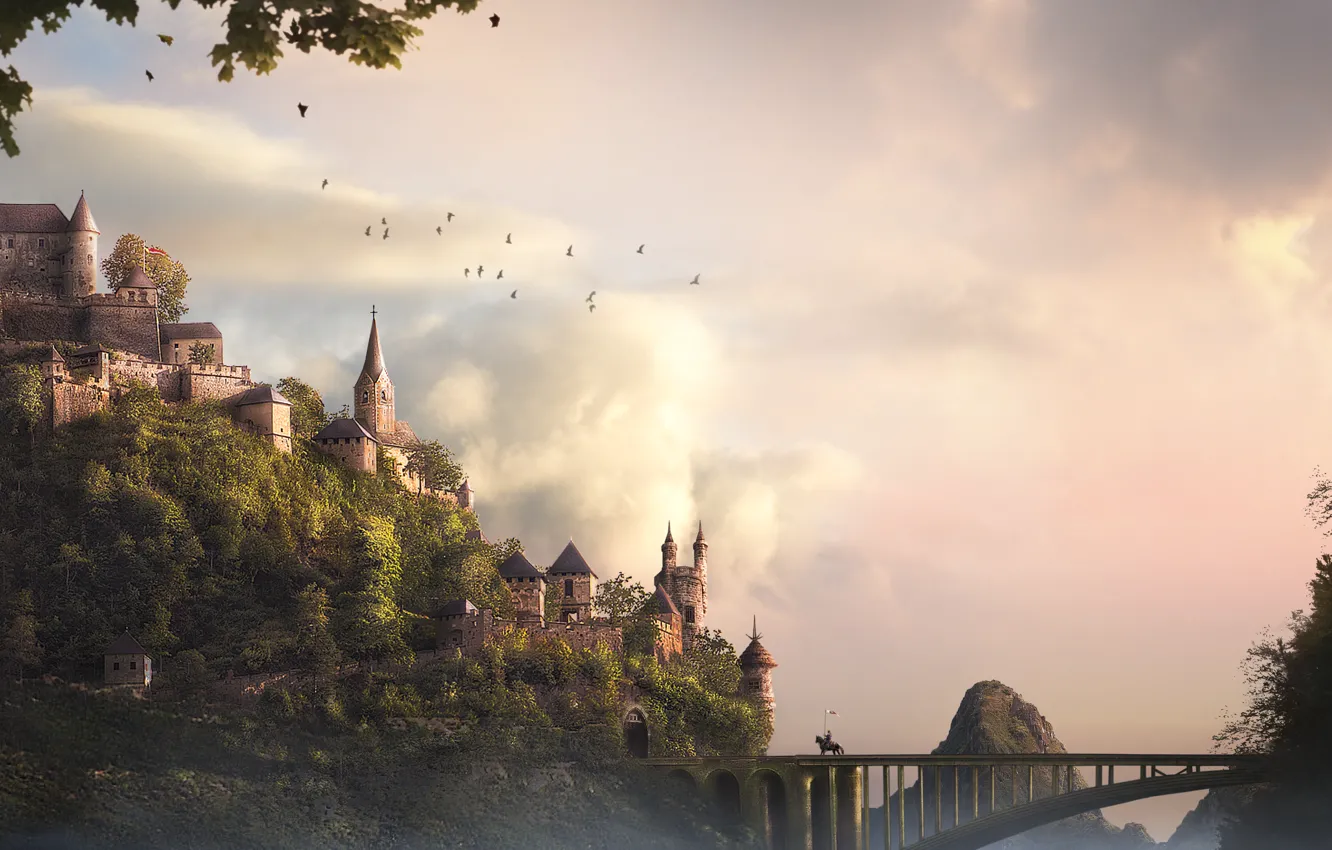 Фото обои деревья, птицы, мост, замок, арт, всадник, крепость, рыцарь