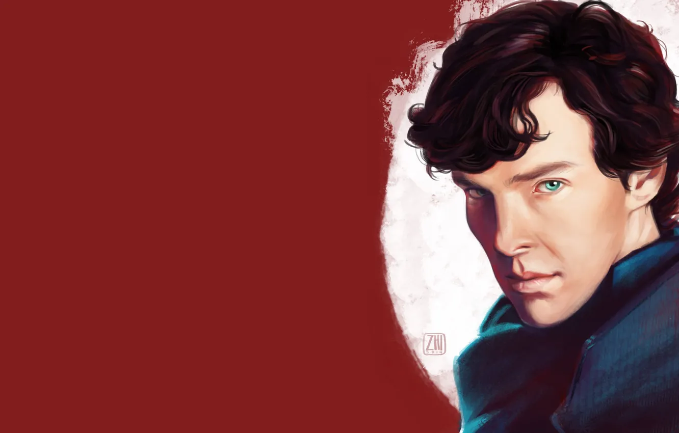 Фото обои портрет, арт, Шерлок Холмс, красный фон, Бенедикт Камбербэтч, Benedict Cumberbatch, Sherlock, Шерлок