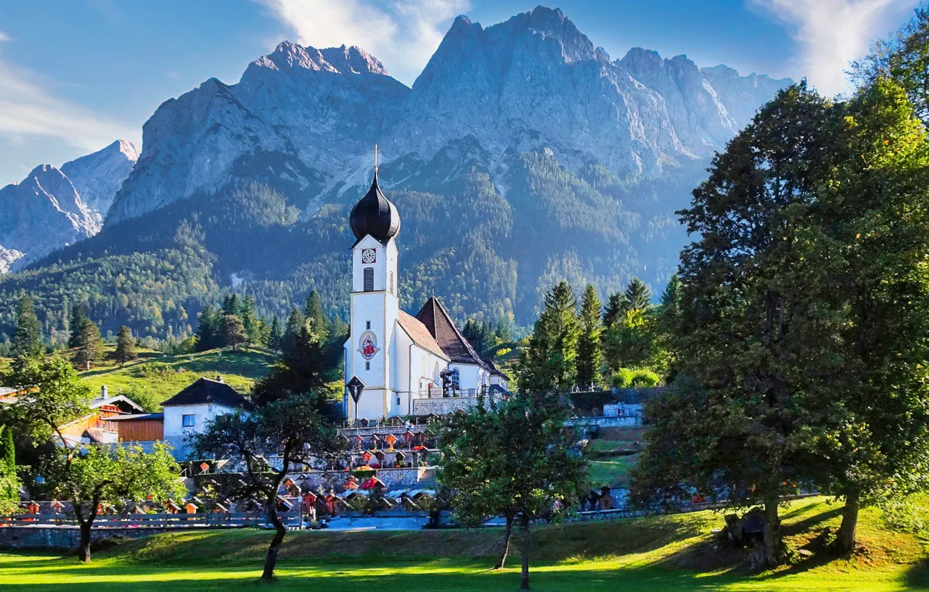 Фото обои пейзаж, горы, природа, дома, Германия, Бавария, Альпы, церковь