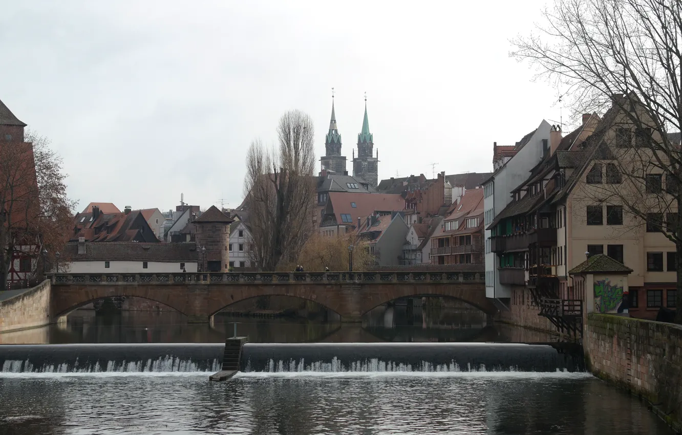 Фото обои мост, река, дома, Германия, Бавария, Нюрнберг
