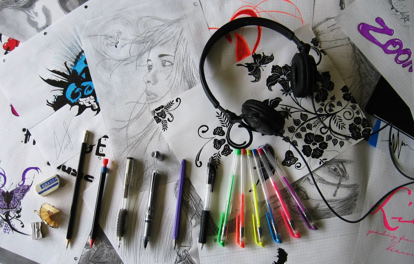 Фото обои рисунок, наушники, ручки