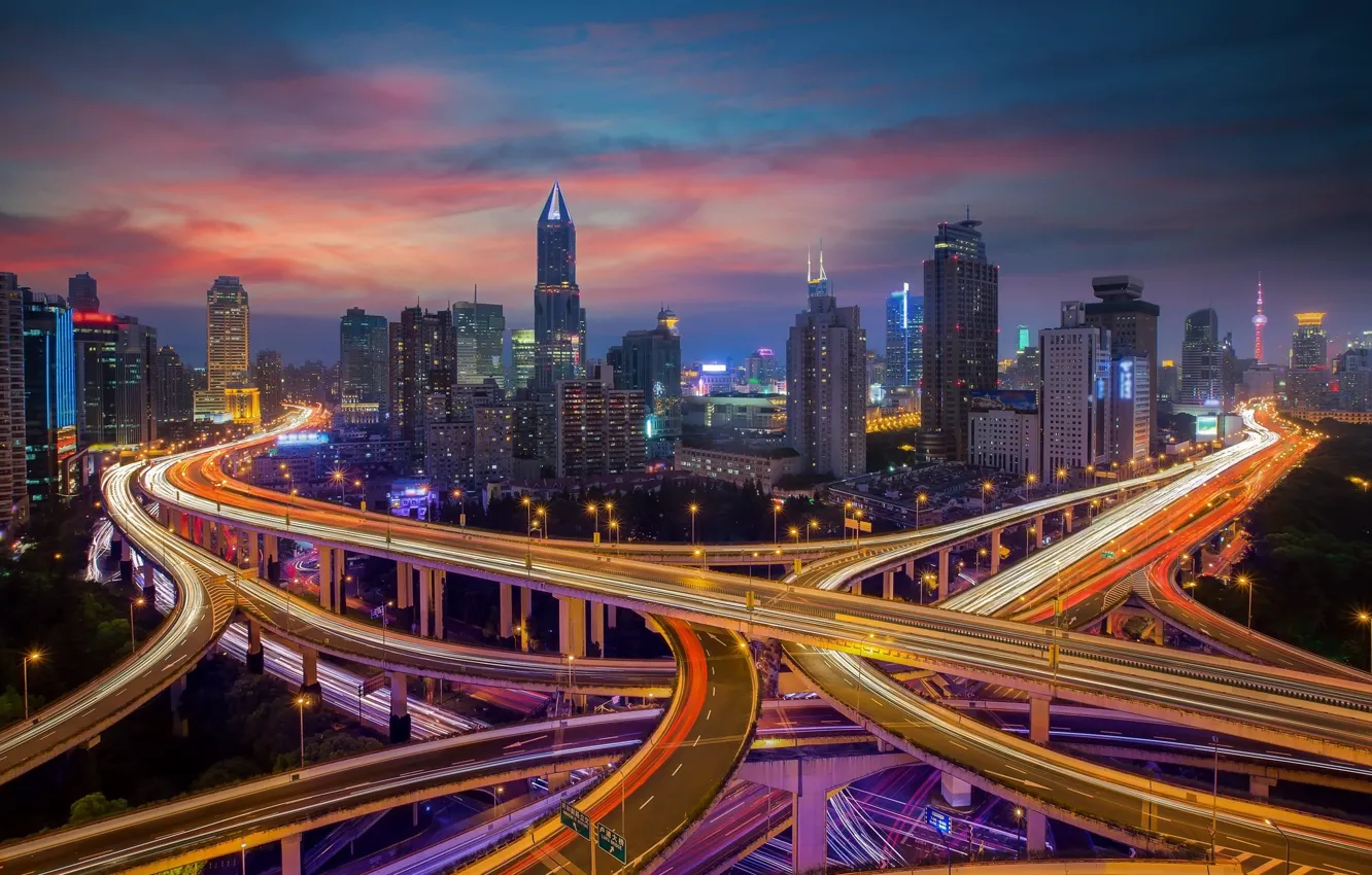 Фото обои дороги, вечер, Китай, Shanghai, Шанхай