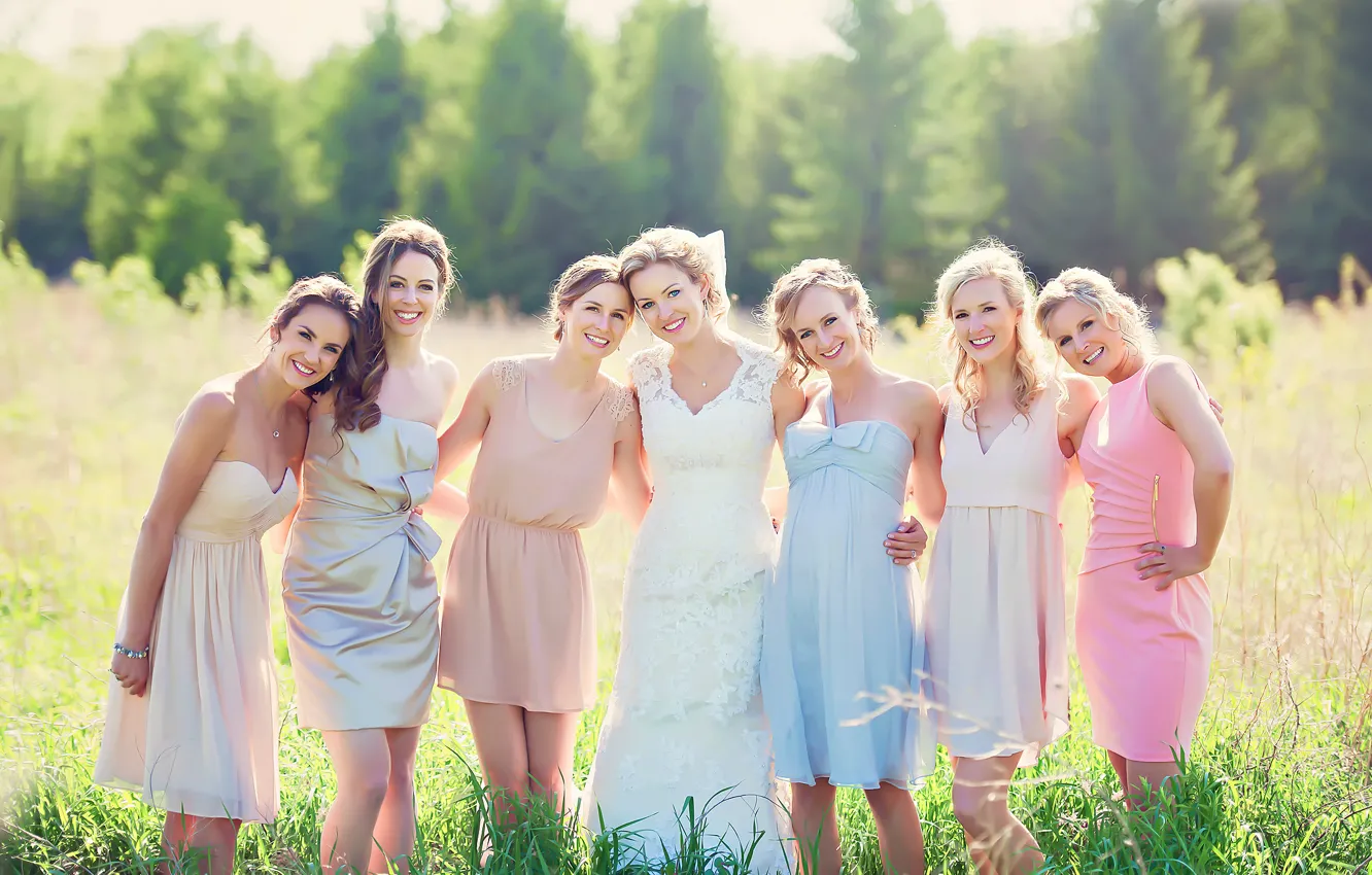 Фото обои радость, невеста, улыбки, свадьба, подружки, Sunshine Sisters, семь девушек