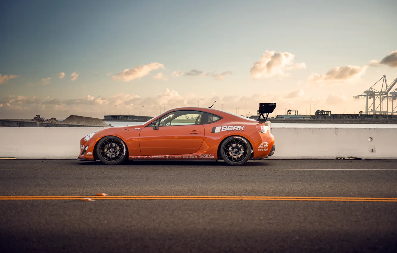 Фото обои оранжевый, тюнинг, профиль, Toyota, tuning, orange, Scion, сцион