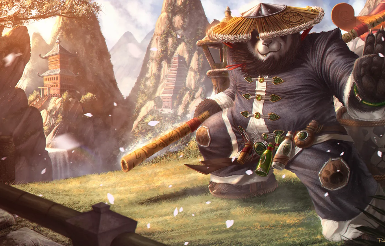 Фото обои медведь, панда, Warcraft, art, палка, World of Warcraft: Mists of Pandaria