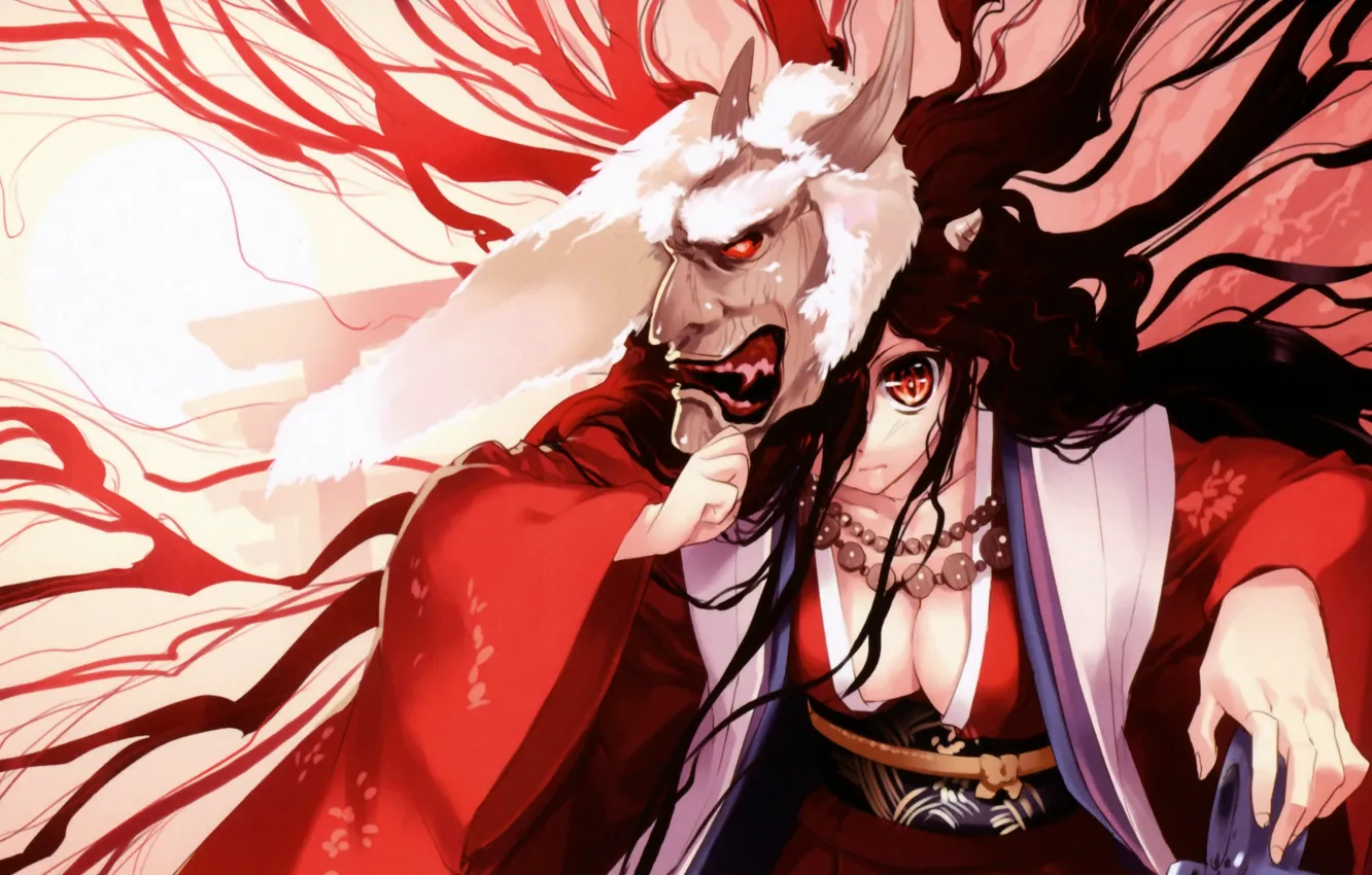 Фото обои демон, маска, рога, кимоно, красные глаза, колдунья, art, ueda ryou
