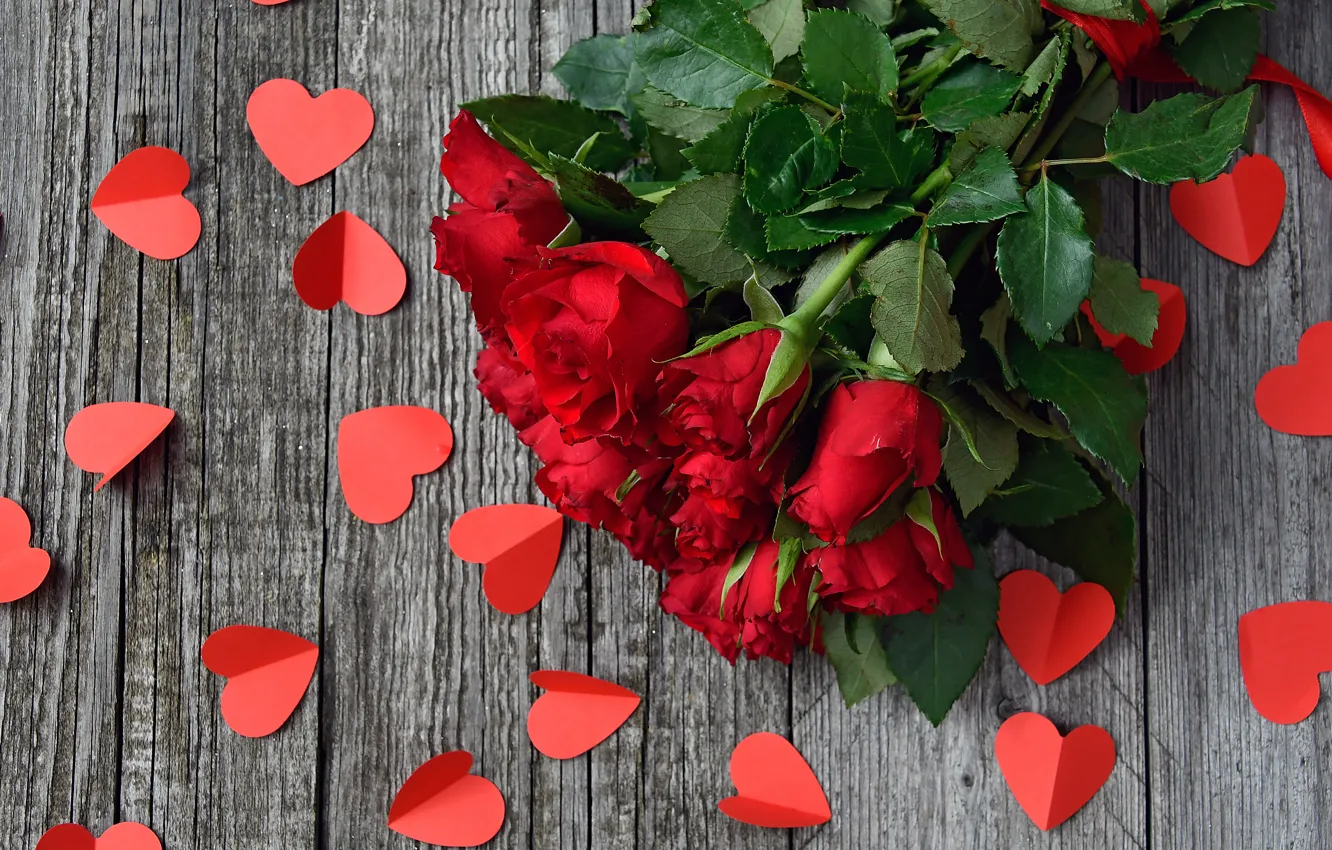 Фото обои розы, букет, сердечки, красные, День влюбленных