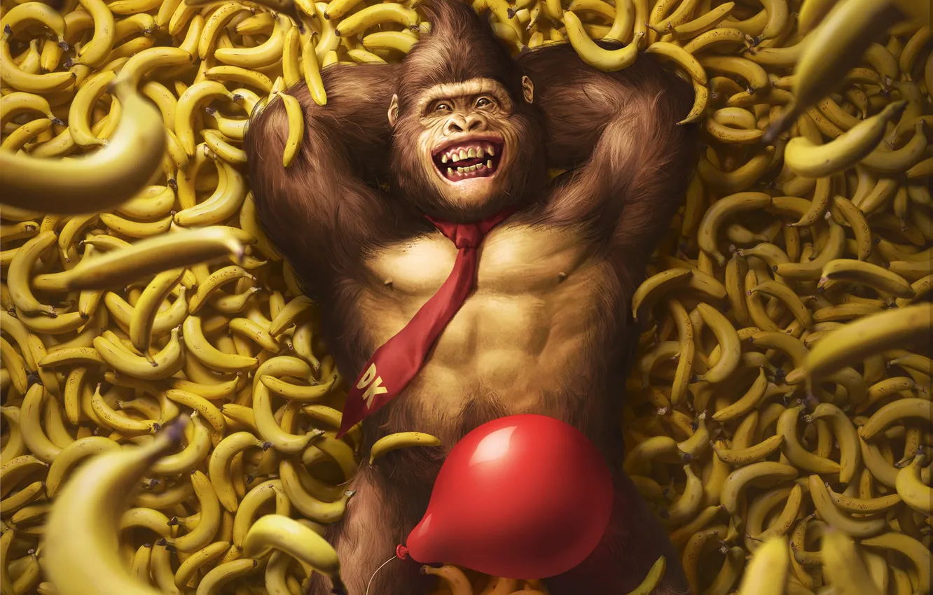 Фото обои Игра, Шарик, Бананы, Арт, Art, Nintendo, Illustration, Donkey Kong