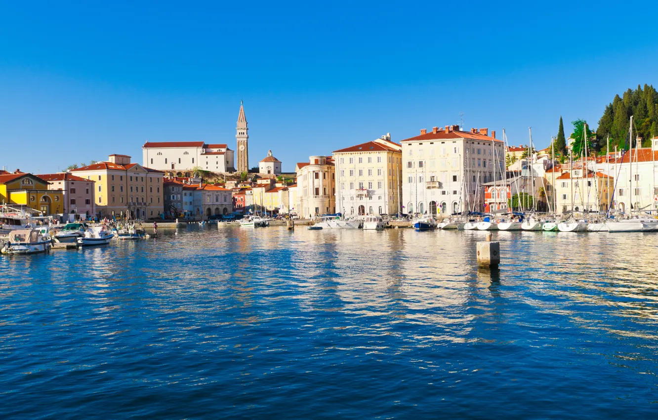 Фото обои море, город, пристань, лодки, набережная, Словения, Slovenia, Адриатика