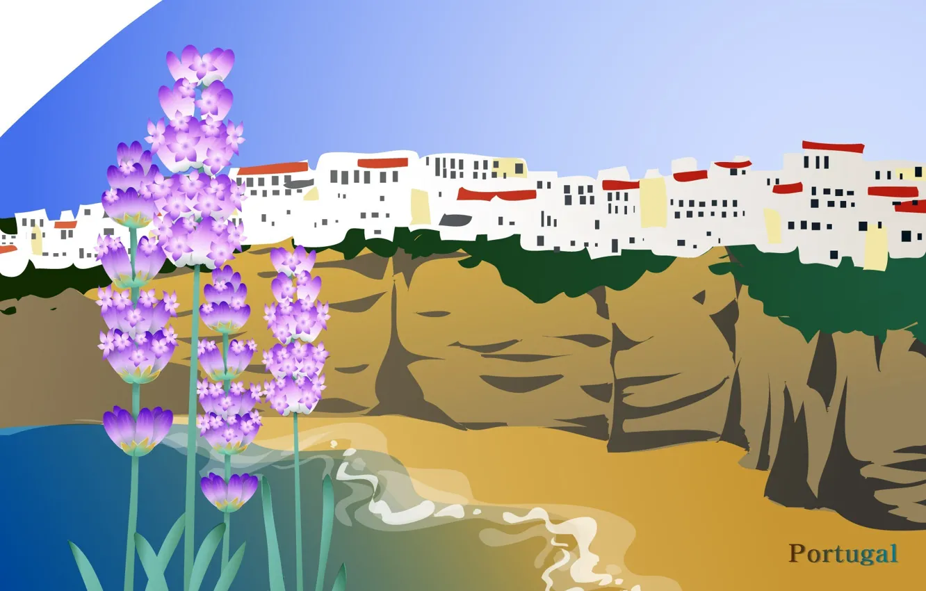 Фото обои море, цветы, город, путешествия, скалы, Португалия, туризм, страна