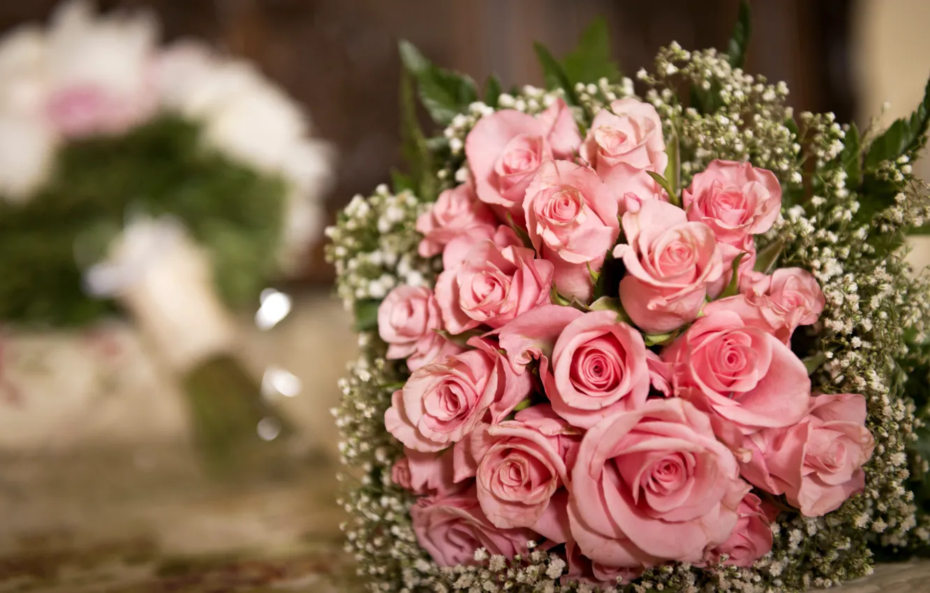 Фото обои листья, цветы, розы, букет, розовые