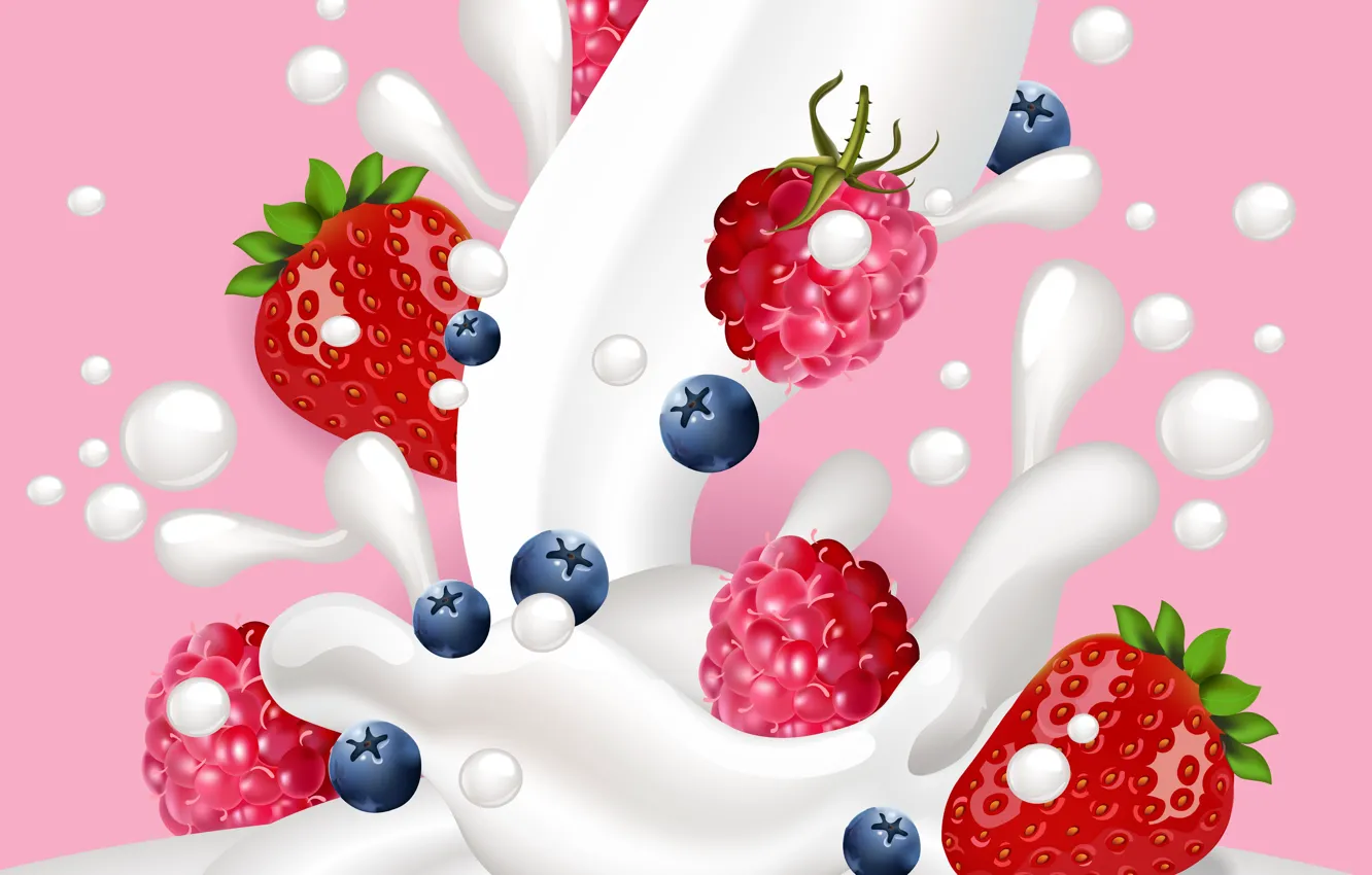 Фото обои брызги, ягоды, всплеск, молоко