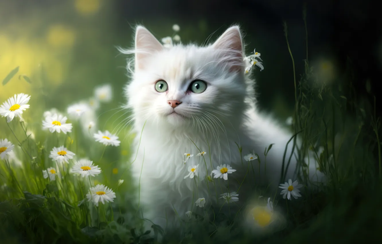 Фото обои Kitten, Cute, Animals, Green Grass, AI art, White aesthetic, White fur, Daisy flowers