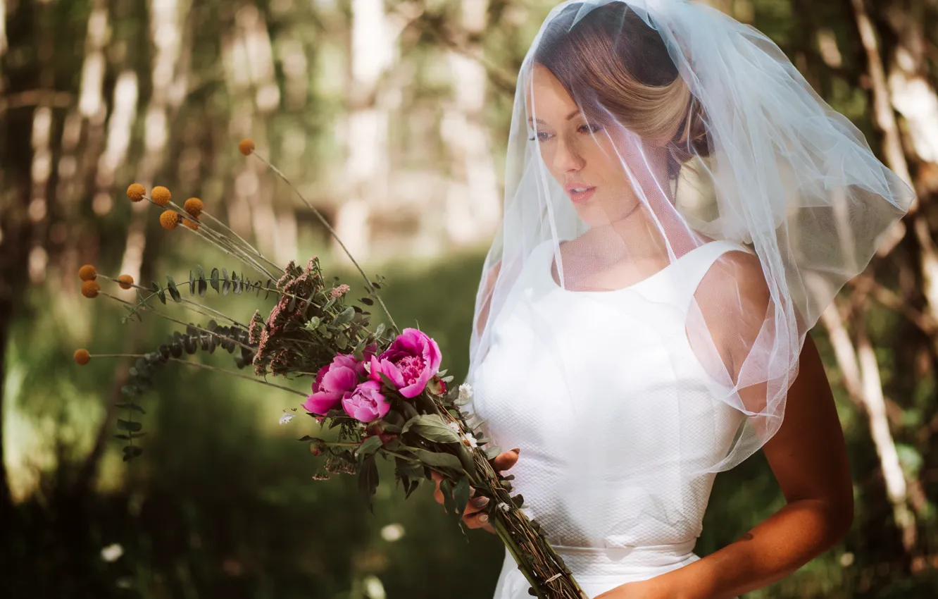 Фото обои цветы, букет, невеста, фата, свадьба, боке, Olya Alessandra, Andreas-Joachim Lins