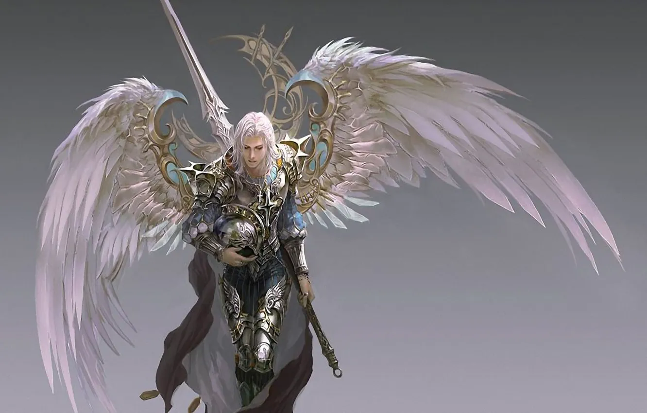 Фото обои крылья, меч, доспехи, воин, шлем, плащ, серый фон, Archangel