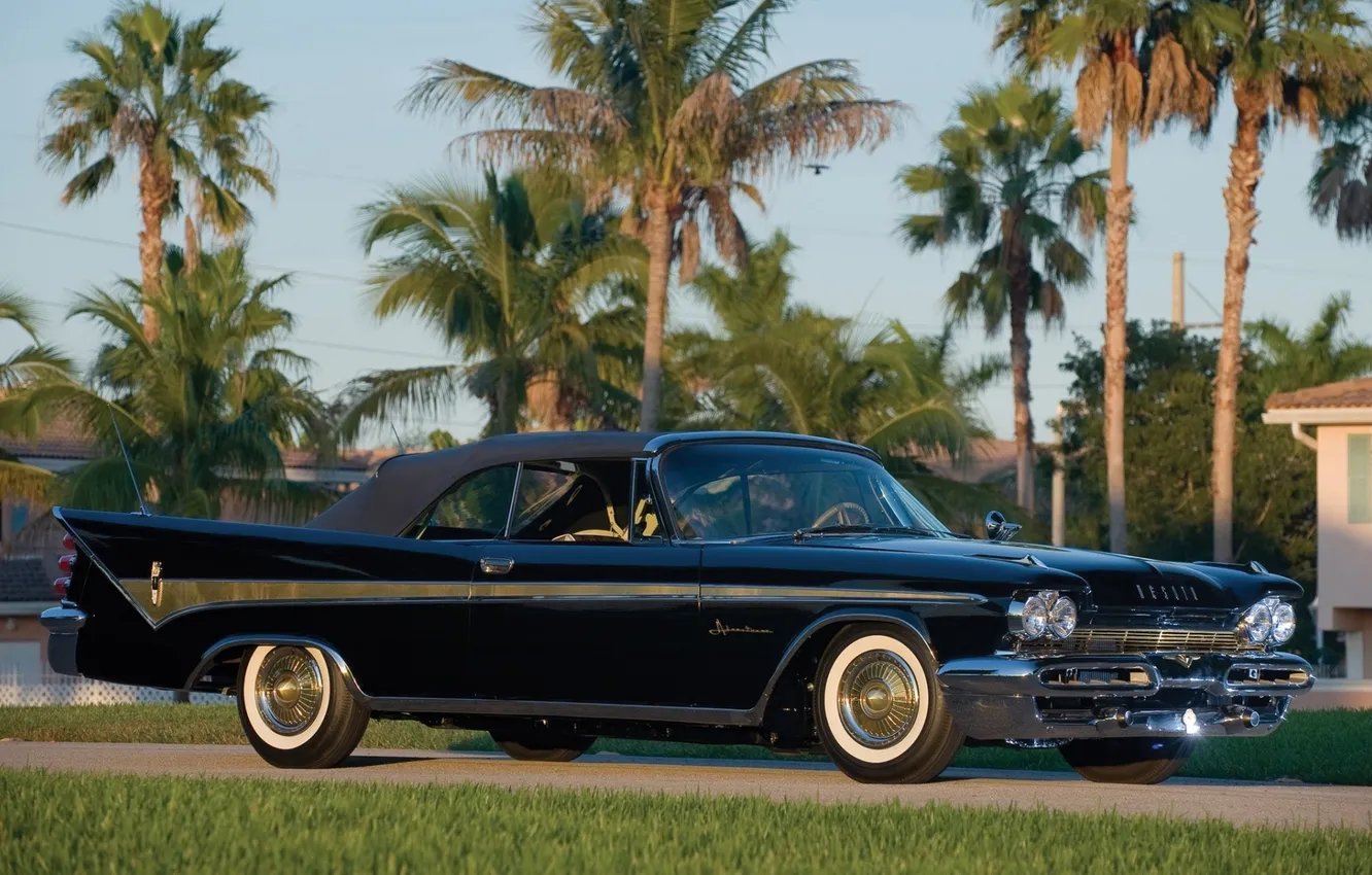 Фото обои небо, пальмы, классика, передок, красивая машина, Convertible, 1959, Adventurer