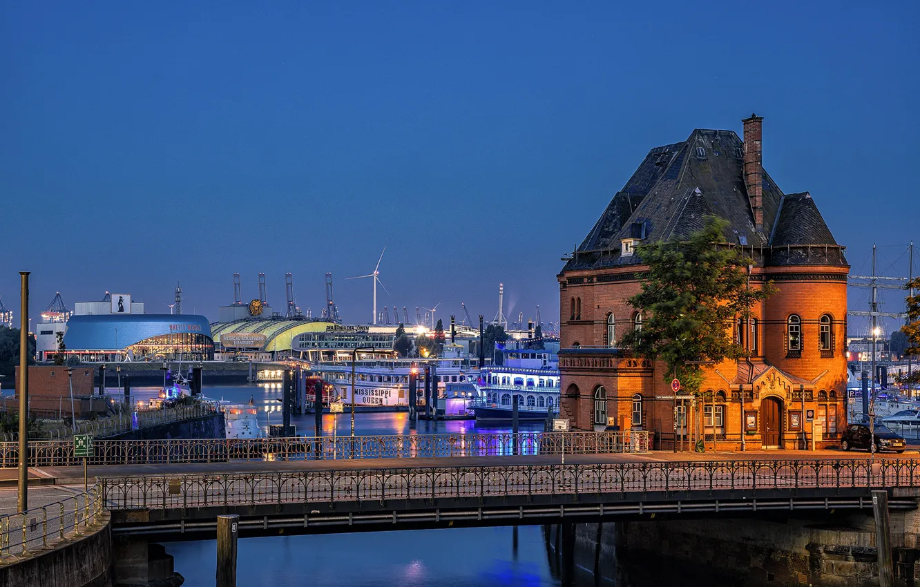 Фото обои ночь, мост, город, дом, река, здание, Германия, Гамбург