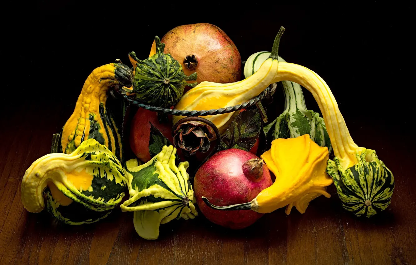 Фото обои тыква, натюрморт, овощи, гранат, кабаки