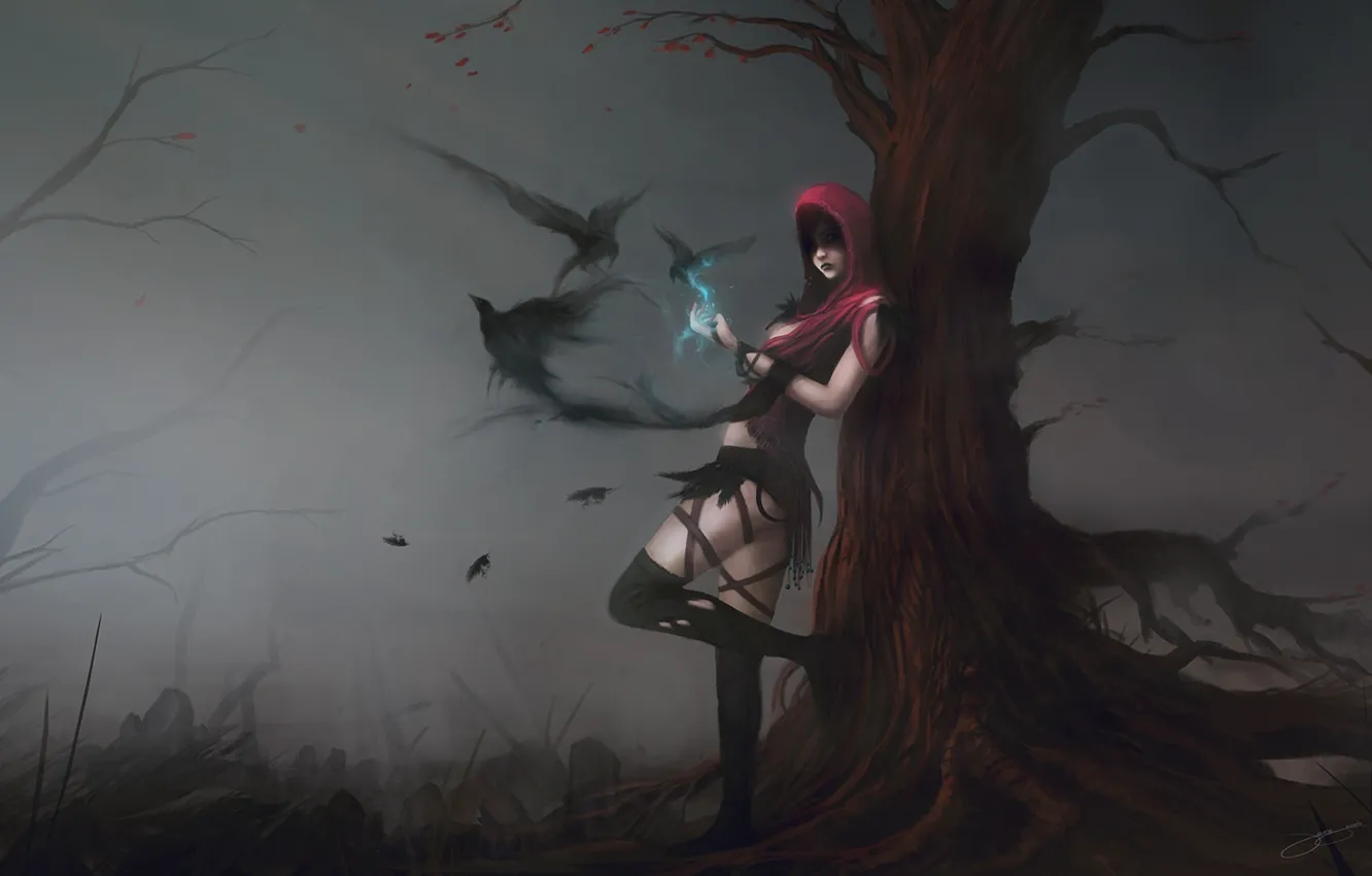 Фото обои девушка, птицы, туман, дерево, магия, арт, капюшон, вороны