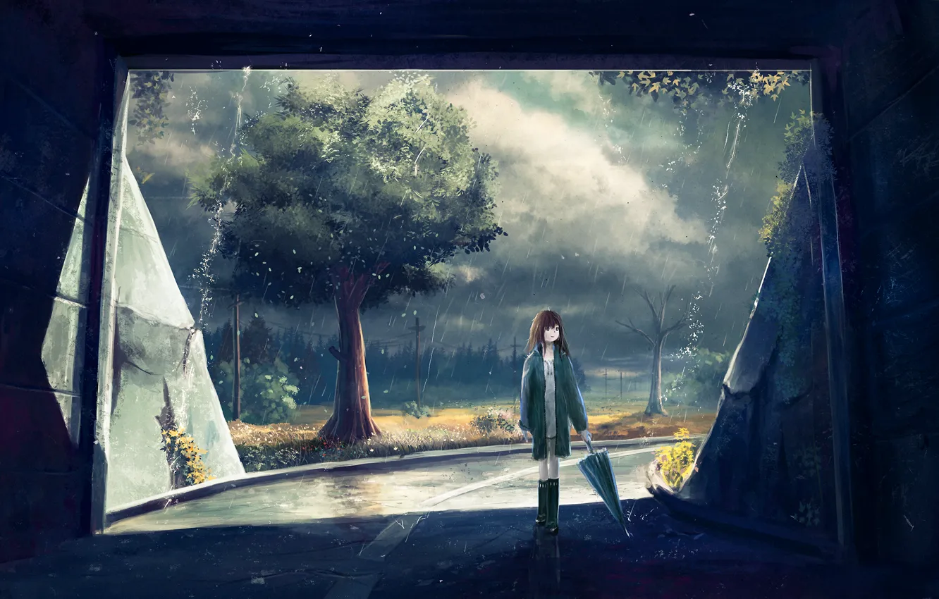 Фото обои девушка, деревья, дождь, столбы, провода, листва, арт, тоннель