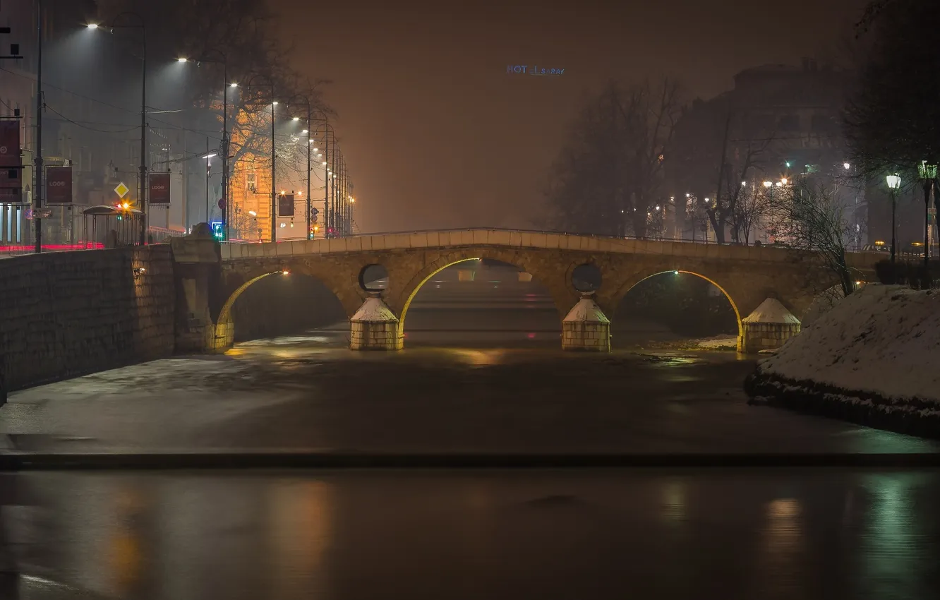 Фото обои зима, снег, ночь, мост, огни, река, улица, photographer