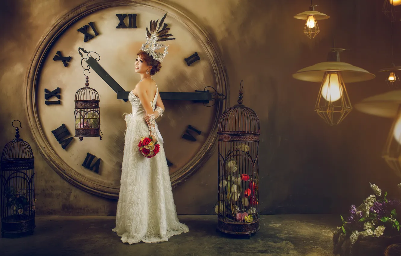 Фото обои девушка, цветы, часы