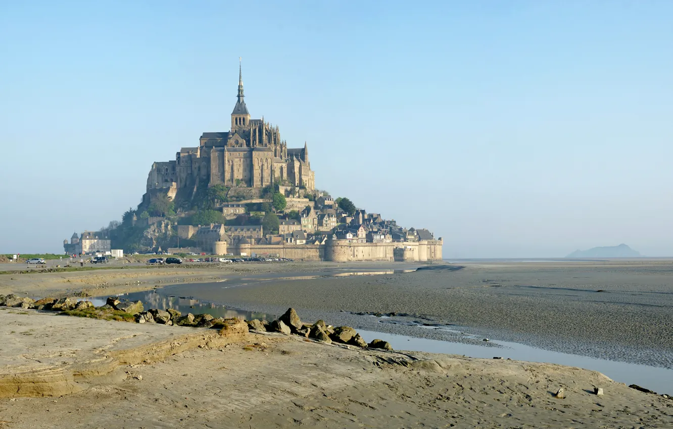 Фото обои город, Франция, island, Normandy, monastery, Mont Saint Michel