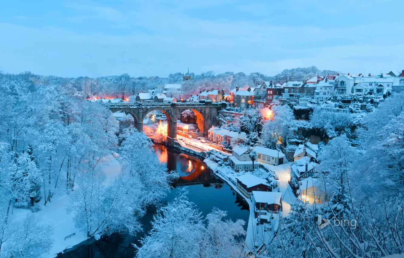 Фото обои зима, снег, пейзаж, мост, огни, река, Англия, дома