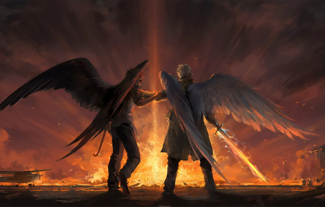 Фото обои demon, sword, sky, aircraft, weapon, wings, clouds, airplane