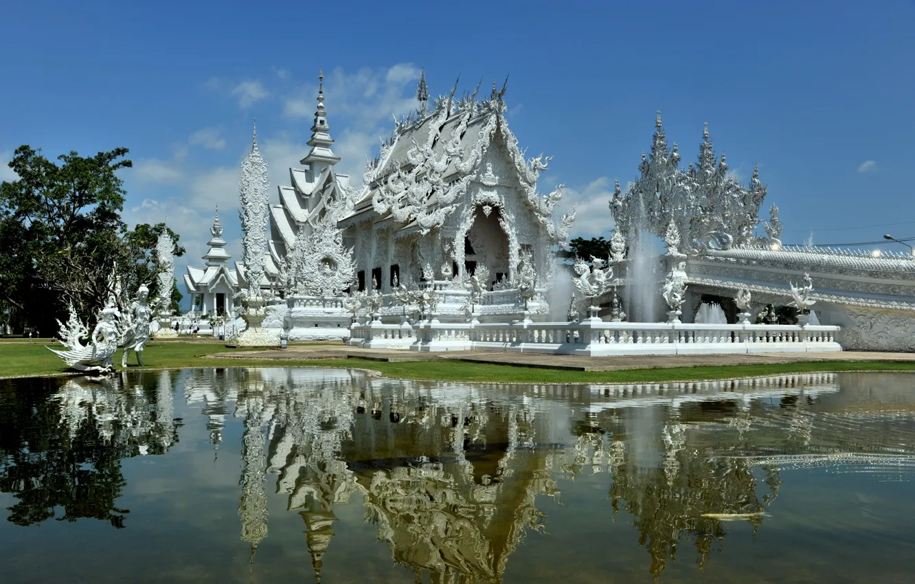 Фото обои белый, вода, отражение, Таиланд, храм, архитектура